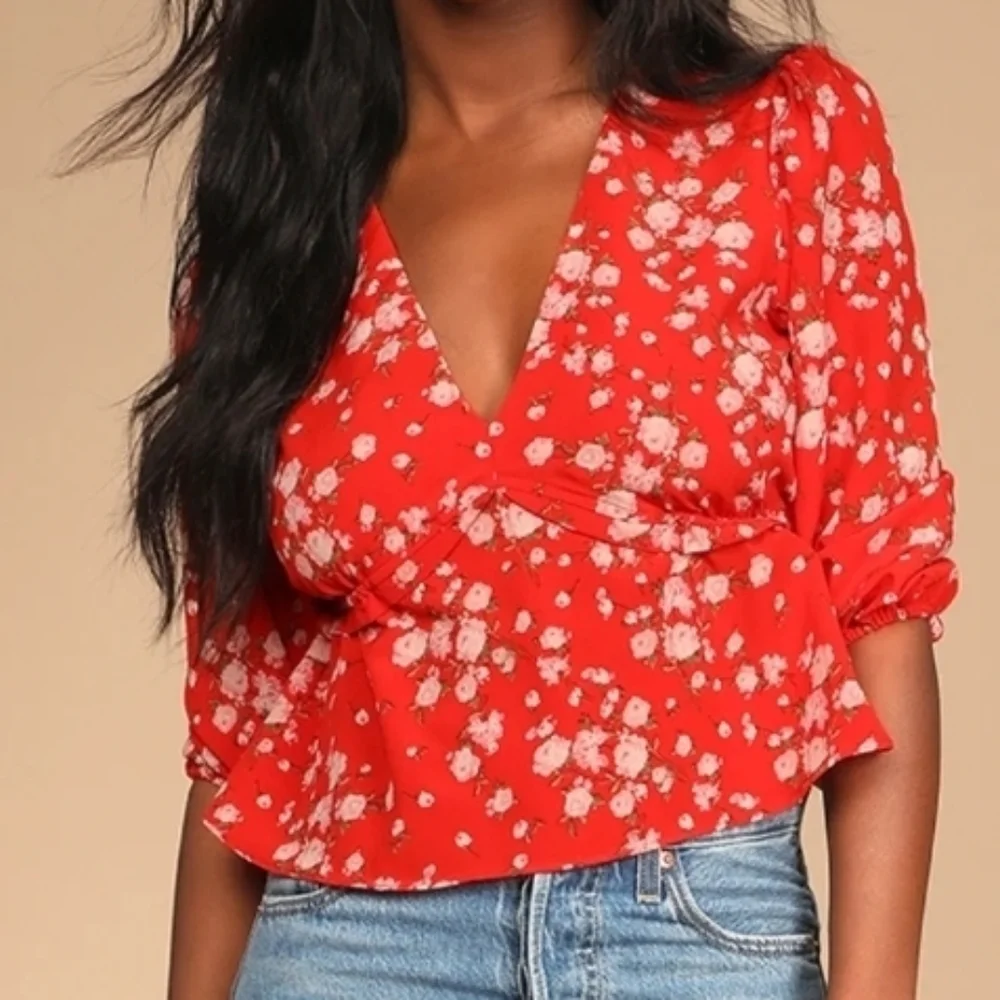 Sage The Label Blouse Women's Red and White Floral Top Size: Small - Picture 2 of 10